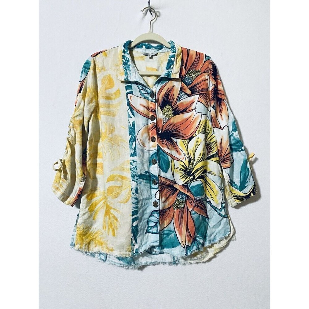 John Mark Womens Small Floral Linen Button Up Top Ruched Sleeves Fringe Hem Boho